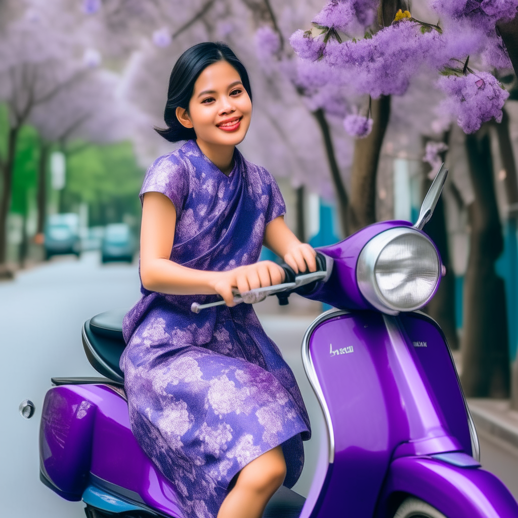 A beautiful Thai girl wearing a sexy purple dress has a sweet smile.  Riding a shiny blue Vespar motorbike,
