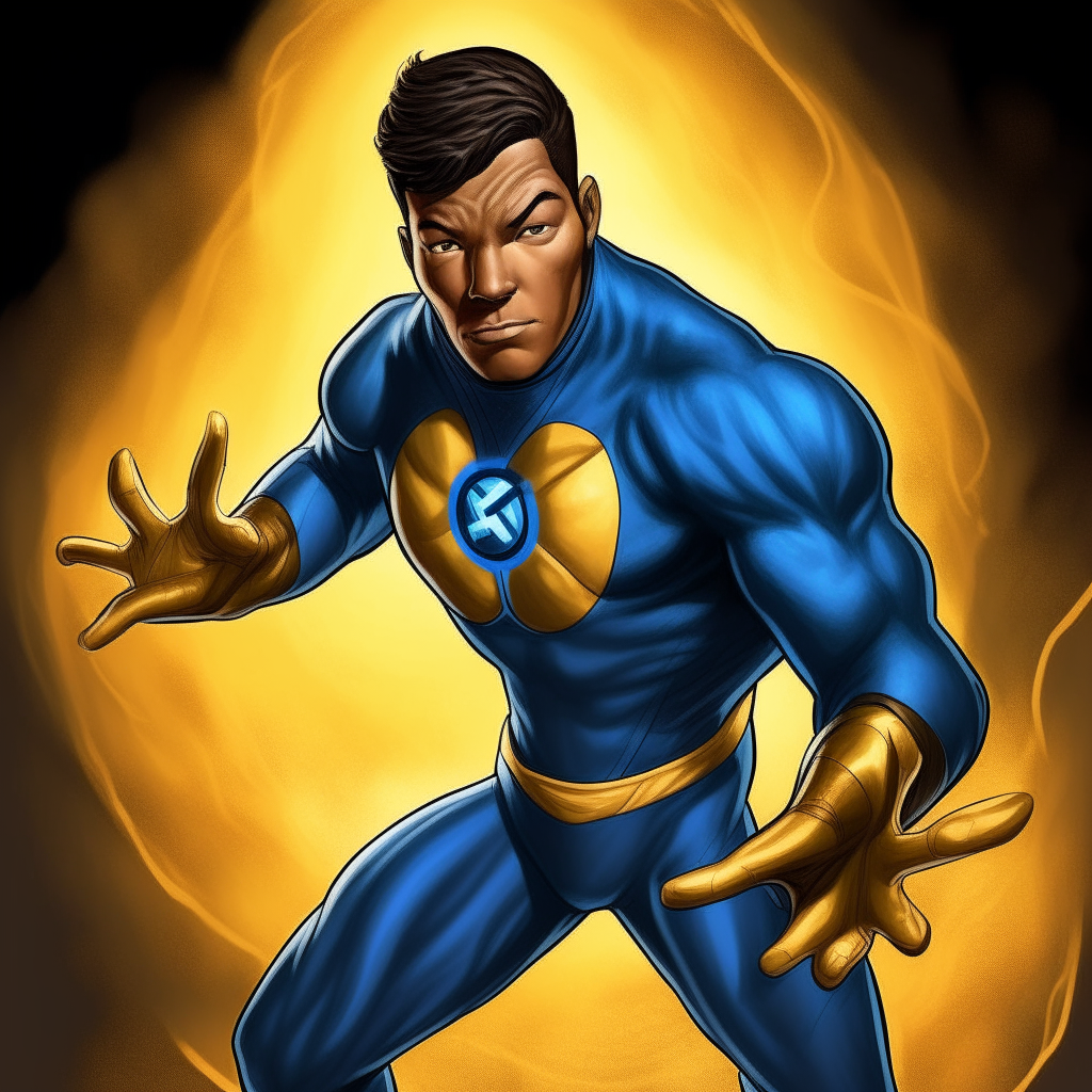 A realistic portrait of Lastikman, the stretchy superhero from Philippine comics, posed similarly to Mr. Fantastic from the Fantastic Four. He is wearing his blue and yellow costume and using his powers to stretch his limbs in a dynamic pose.