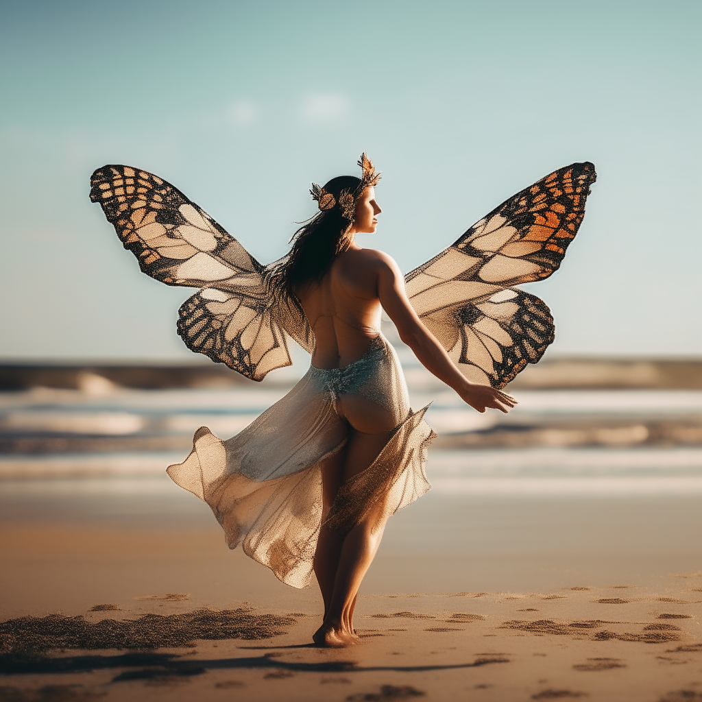 dancer with butterfly wings on a beach