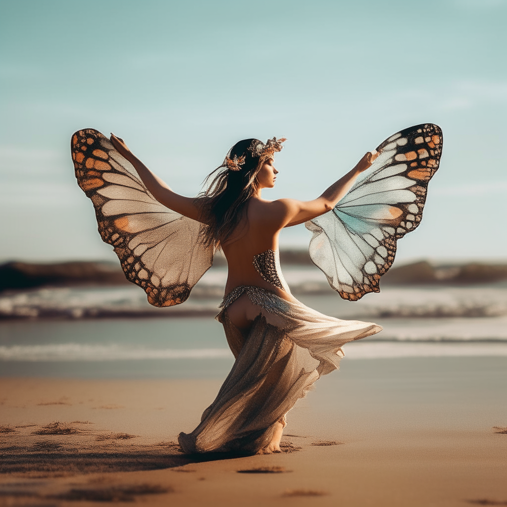 dancer with butterfly wings on a beach