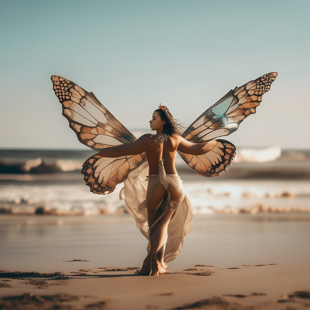 dancer with butterfly wings on a beach