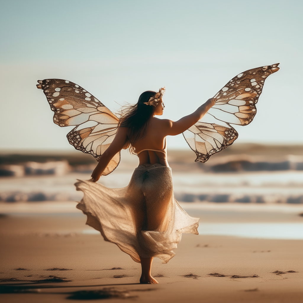 dancer with butterfly wings on a beach