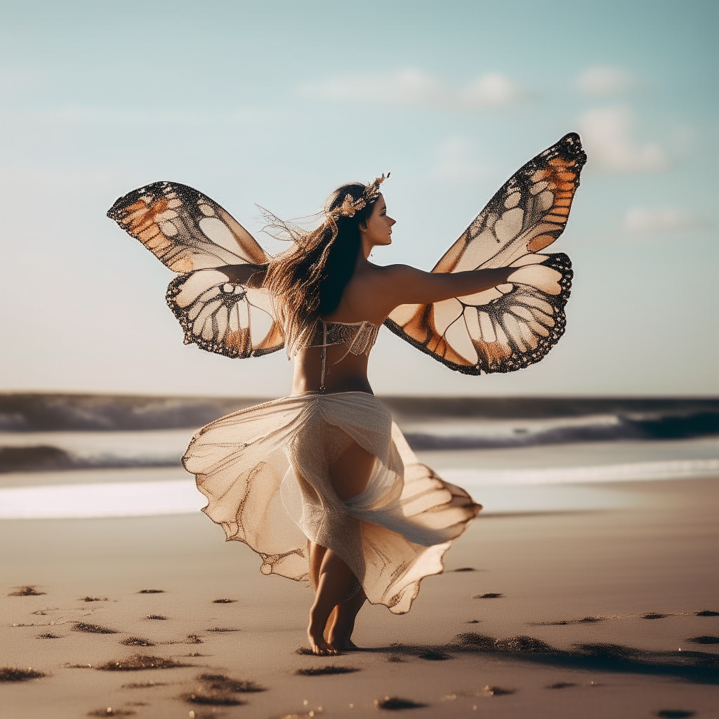 dancer with butterfly wings on a beach