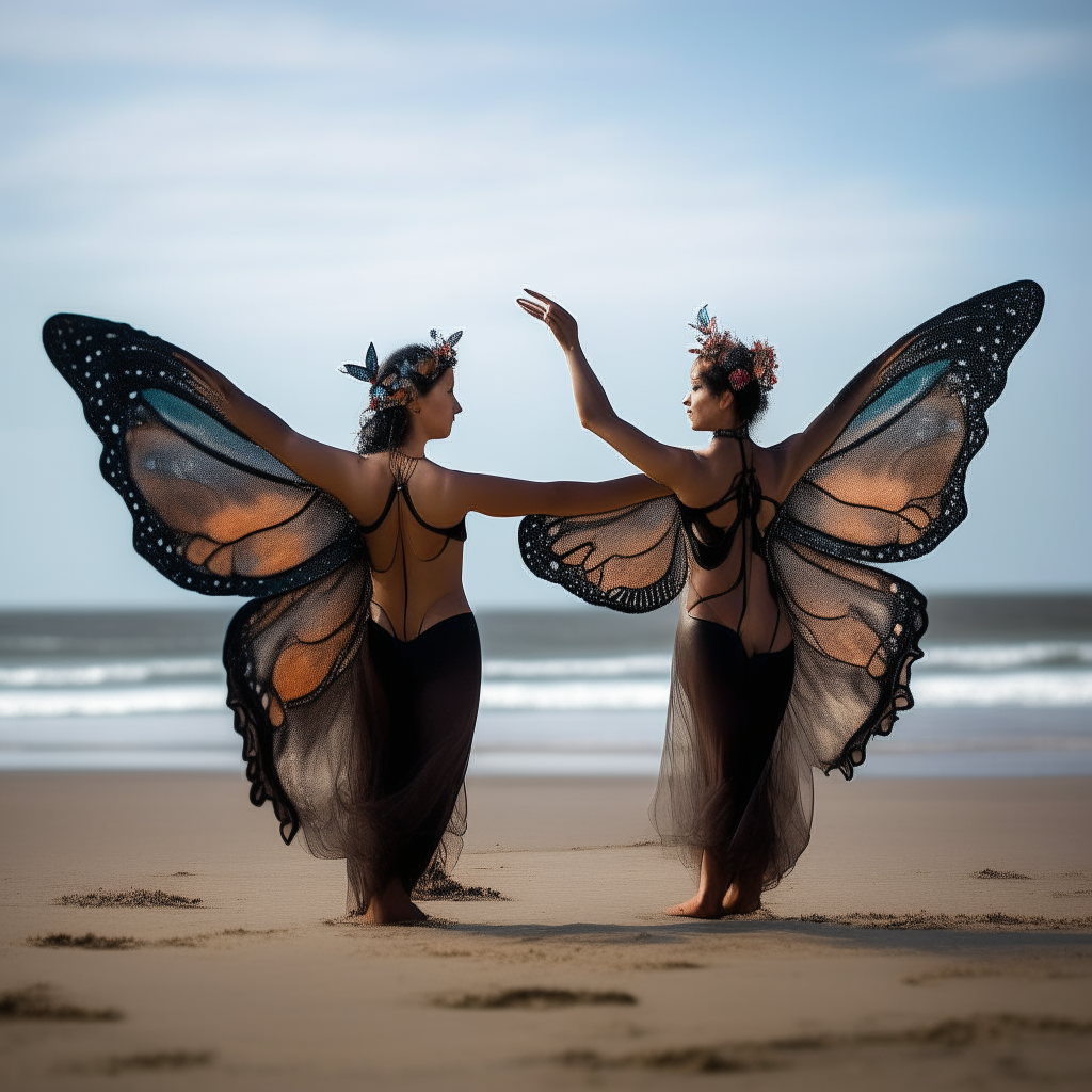 pair of dancers with butterfly wings on a beach