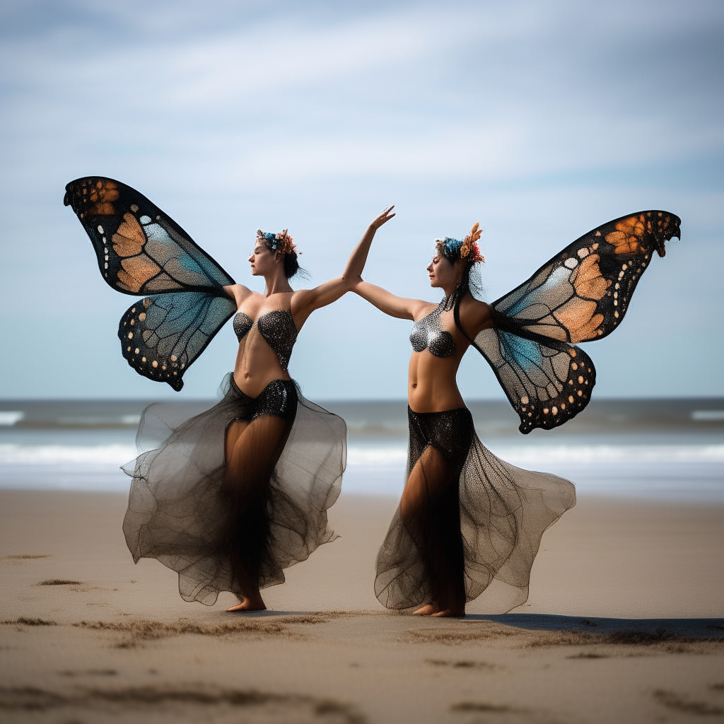 pair of dancers with butterfly wings on a beach