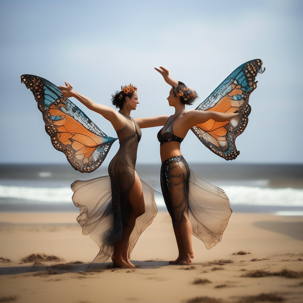 pair of dancers jiving with butterfly wings on a beach