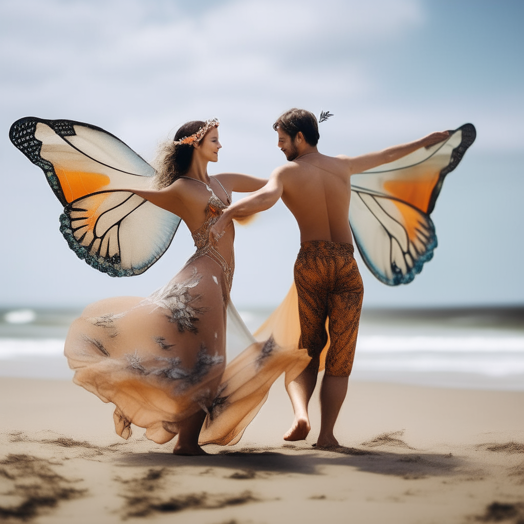 man an woman dancer jiving with butterfly wings on a beach