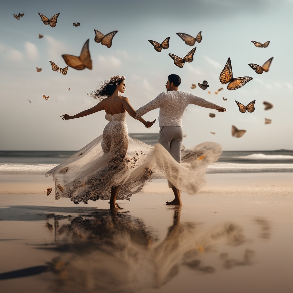 couple dancing on the beach morph into butterflies 