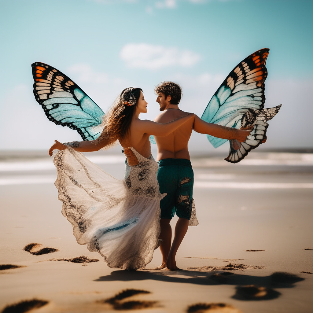 couple dancing on the beach  with butterfly wings