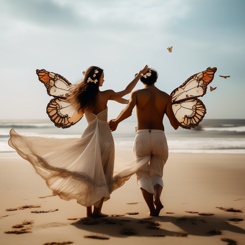 couple dancing on the beach  with two butterfly wings