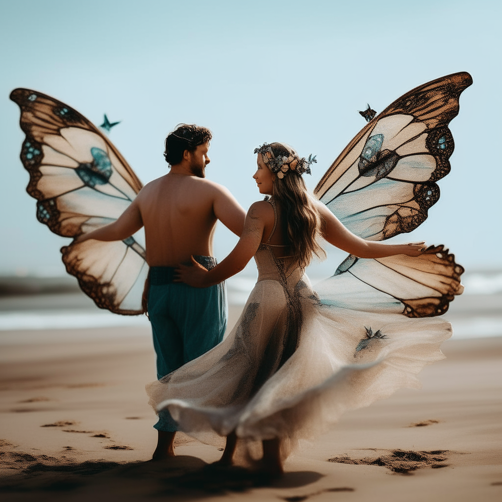 couple dancing on the beach  with pair butterfly wings