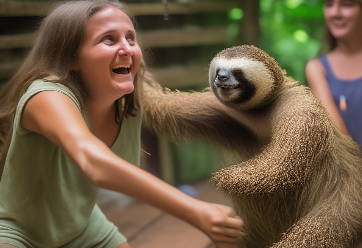 women dancing with sloth 