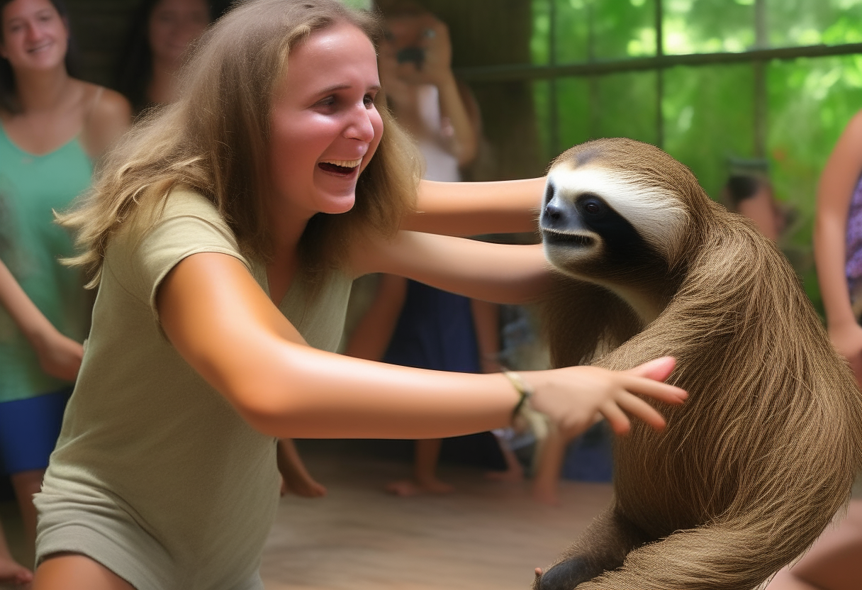 women dancing with sloth 