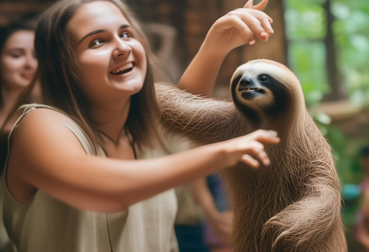 young women dancing with sloth 