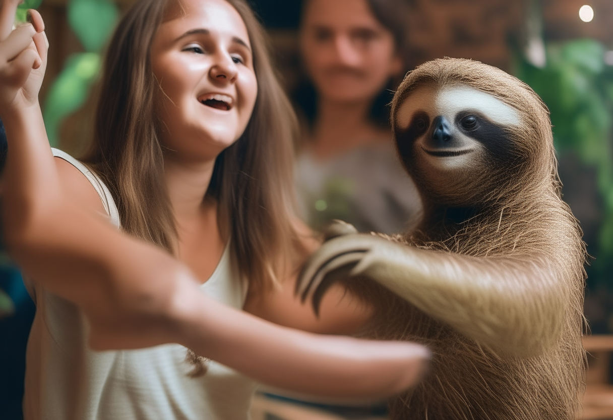 young women dancing with sloth 