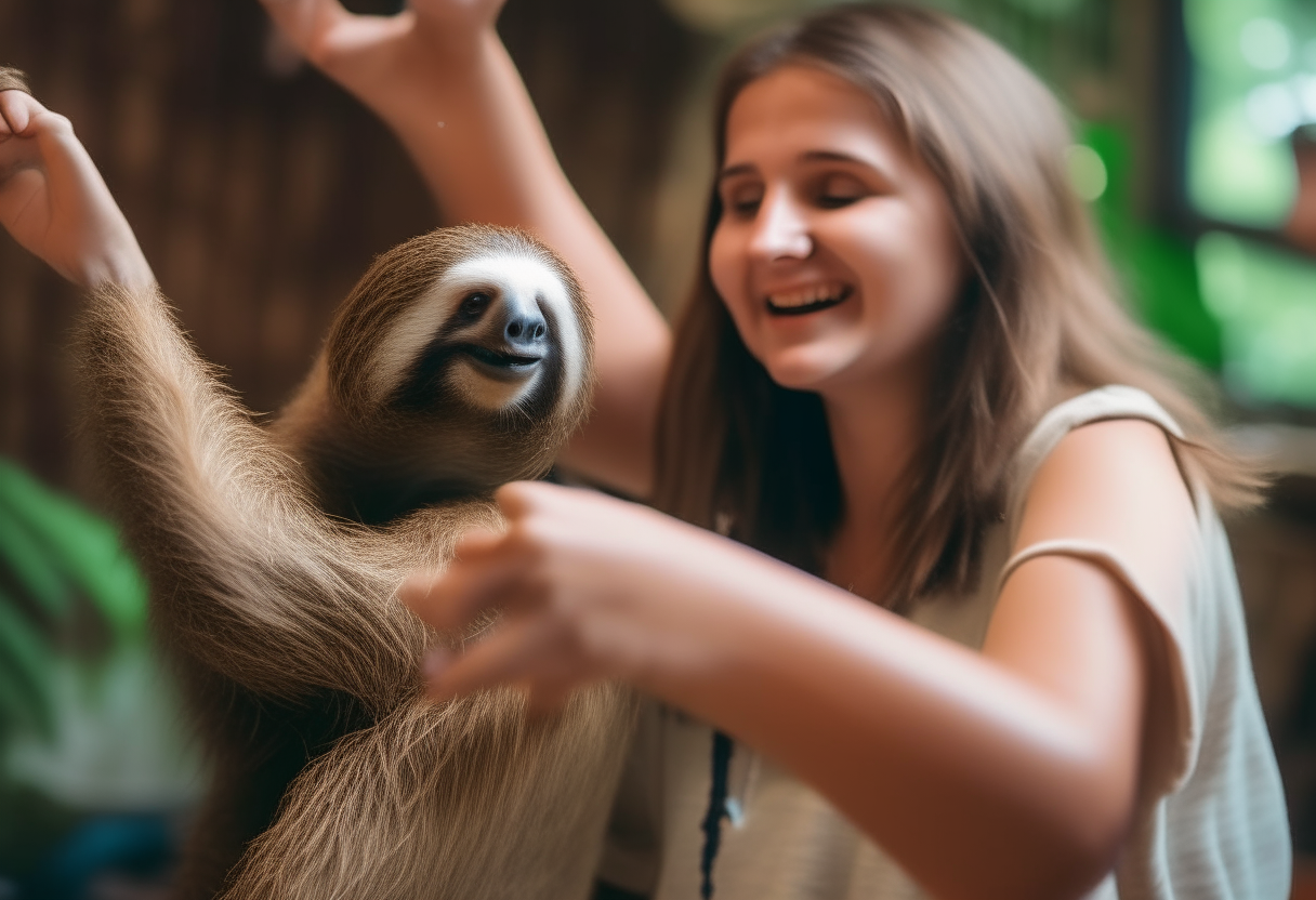 young women dancing with sloth 