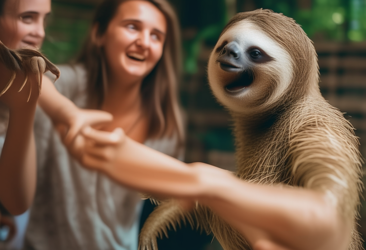 young women dancing with sloth 