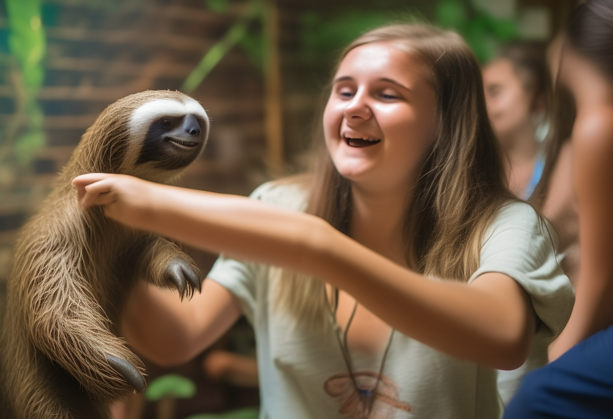 young women dancing with sloth 