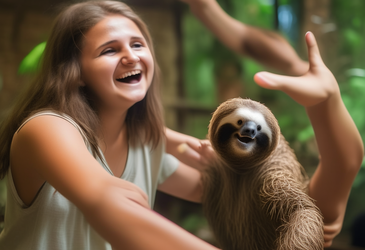 young women dancing with sloth 