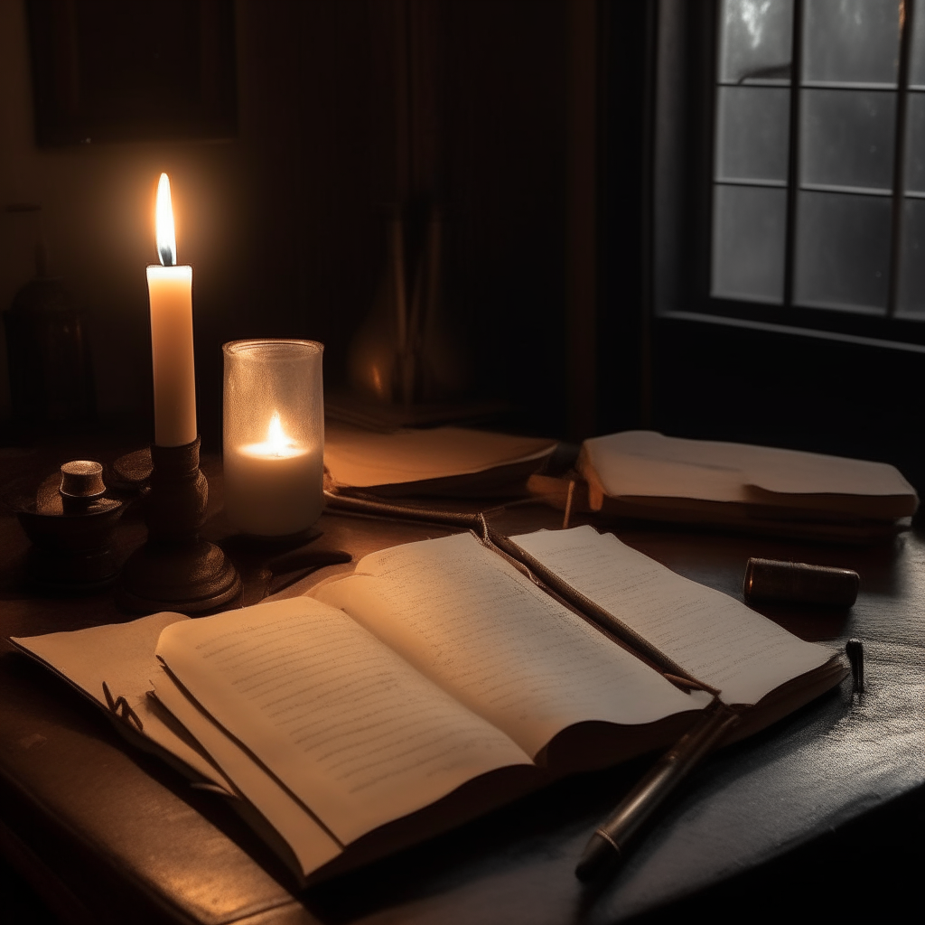 A writer's desk with two candles on each side, an open notebook in the center with a pen on top. Subdued light and a cozy yet eerie atmosphere.