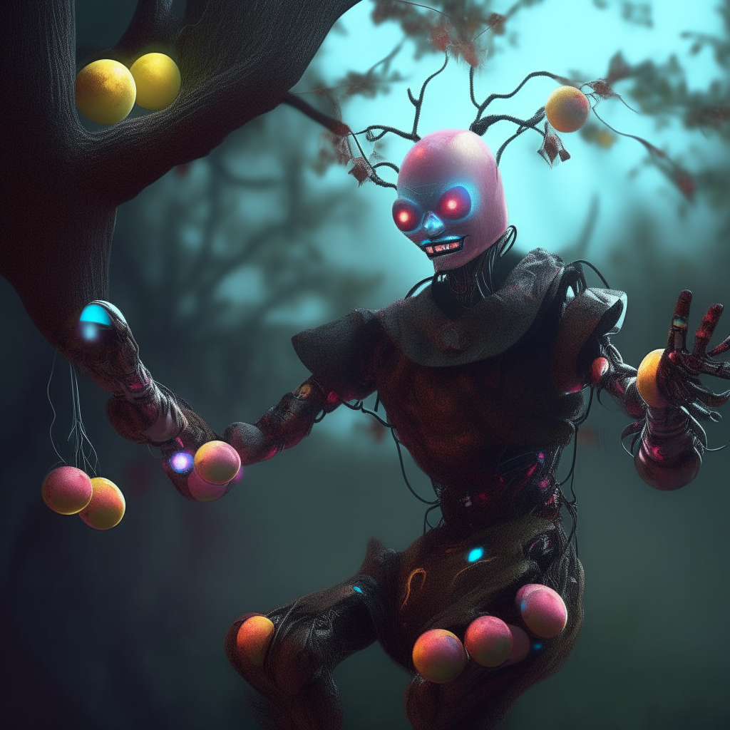 CyberDroid "The Comedian"
Prompt : the terrifying clown cyborg sitting on the branch of giant tree, juggling some juggler