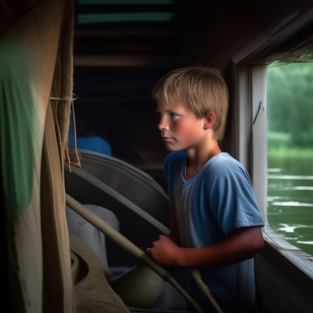 a young fisherman boy, looking in his shed for a paddle