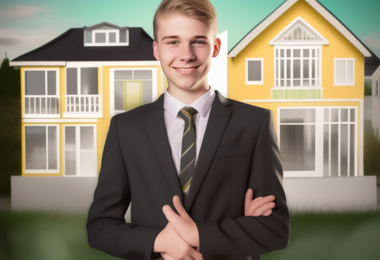 A friendly young teenager wearing a suit and tie, introducing the real estate and insurance industries with text overlays, digital art