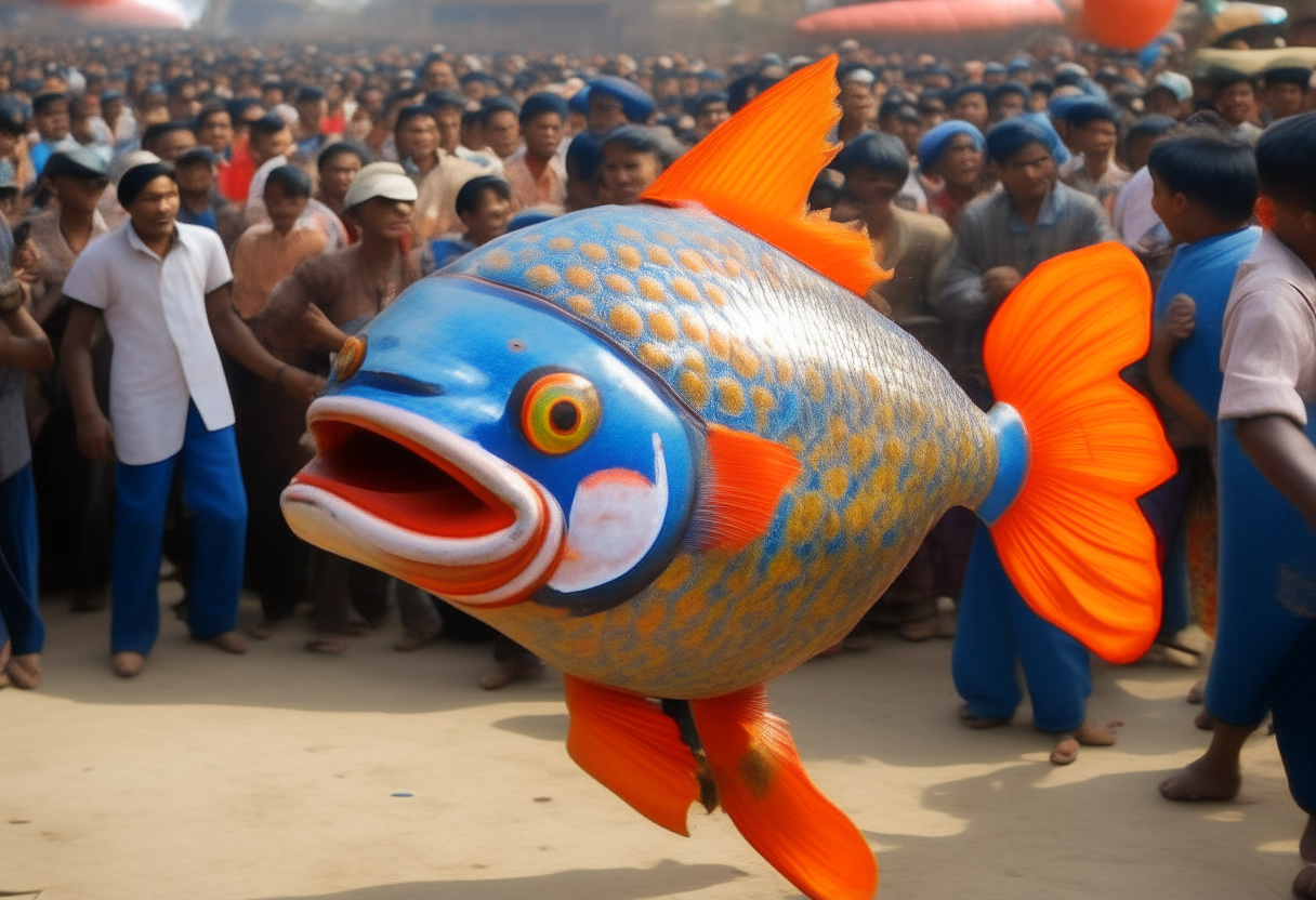 a dancing koy fish with football crowd in the background