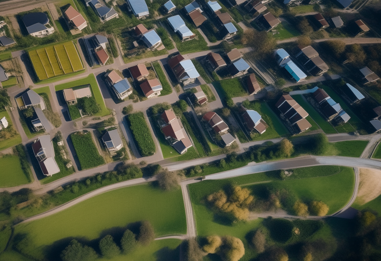 aerial view of a suburban neighborhood with many houses for sale