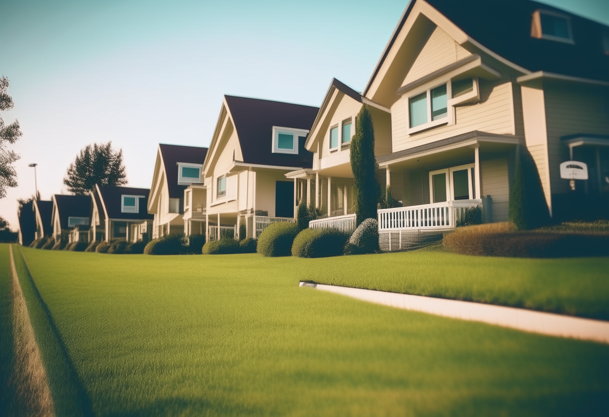 low angle view of modern houses with manicured lawns and sale signs, shallow depth of field