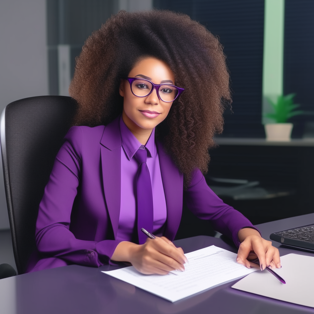 African American Woman age 27 with long curly hair, wearing glasses and a purple peplum pant suit sitting in her office at her desk typing a report, with confidence and a smirk