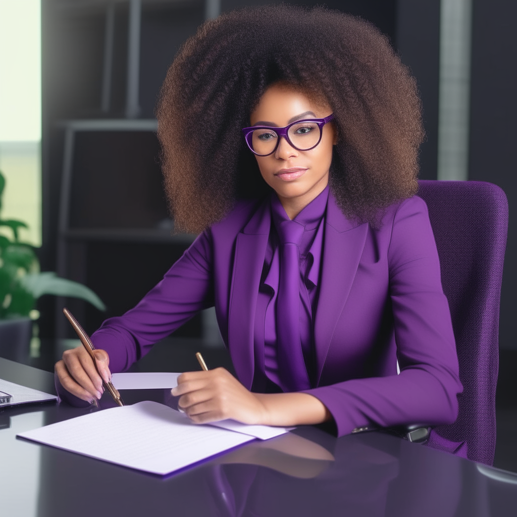 African American Woman age 27 with long curly hair, wearing glasses and a purple peplum pant suit sitting in her office at her desk typing a report, with confidence and a smirk