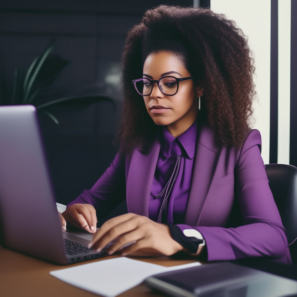 African American woman with long, beautiful curls, wearing glasses and purple suit, sitting at desk typing