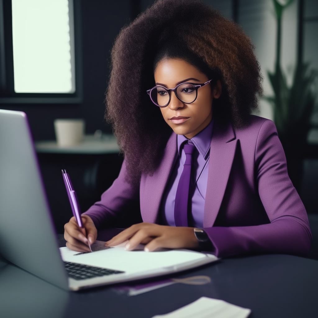 African American woman with long, beautiful curls, wearing glasses and purple suit, sitting at desk typing report