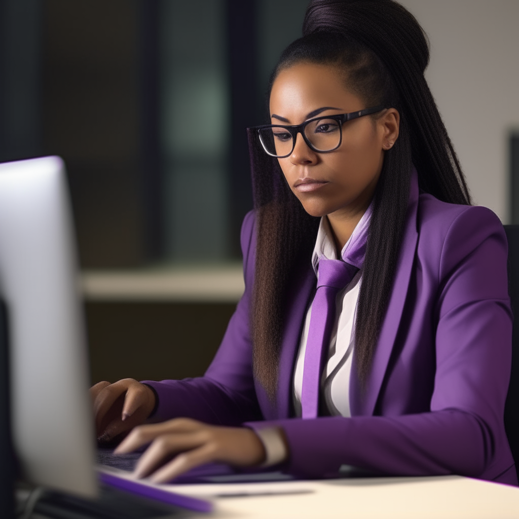 African American woman with long, straight hair, wearing glasses and purple suit, sitting at desk typing