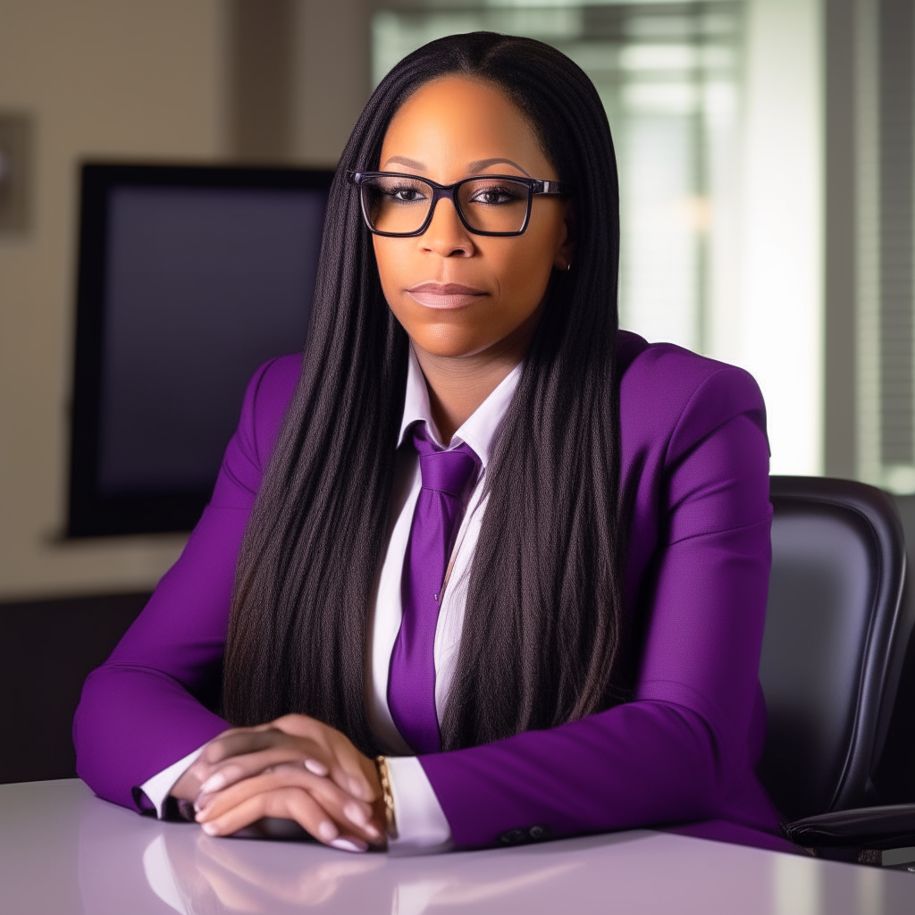 African American woman with long, straight hair, wearing glasses and purple suit, sitting at desk