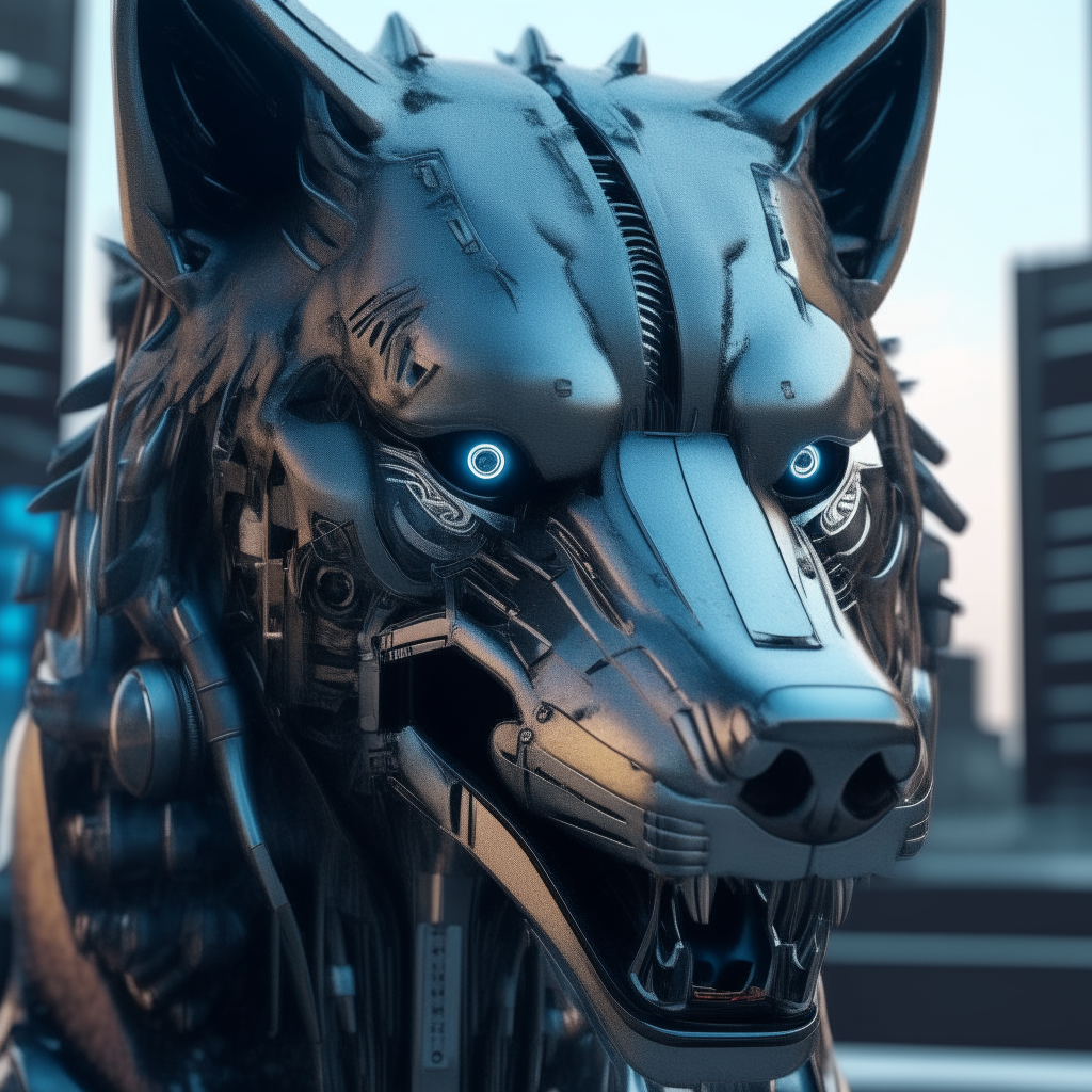 A close-up of a Wolf, with the face of robots, with sharp teeth, black hair color, blue eyes, in the background a city he calls. Hyper-realistic style