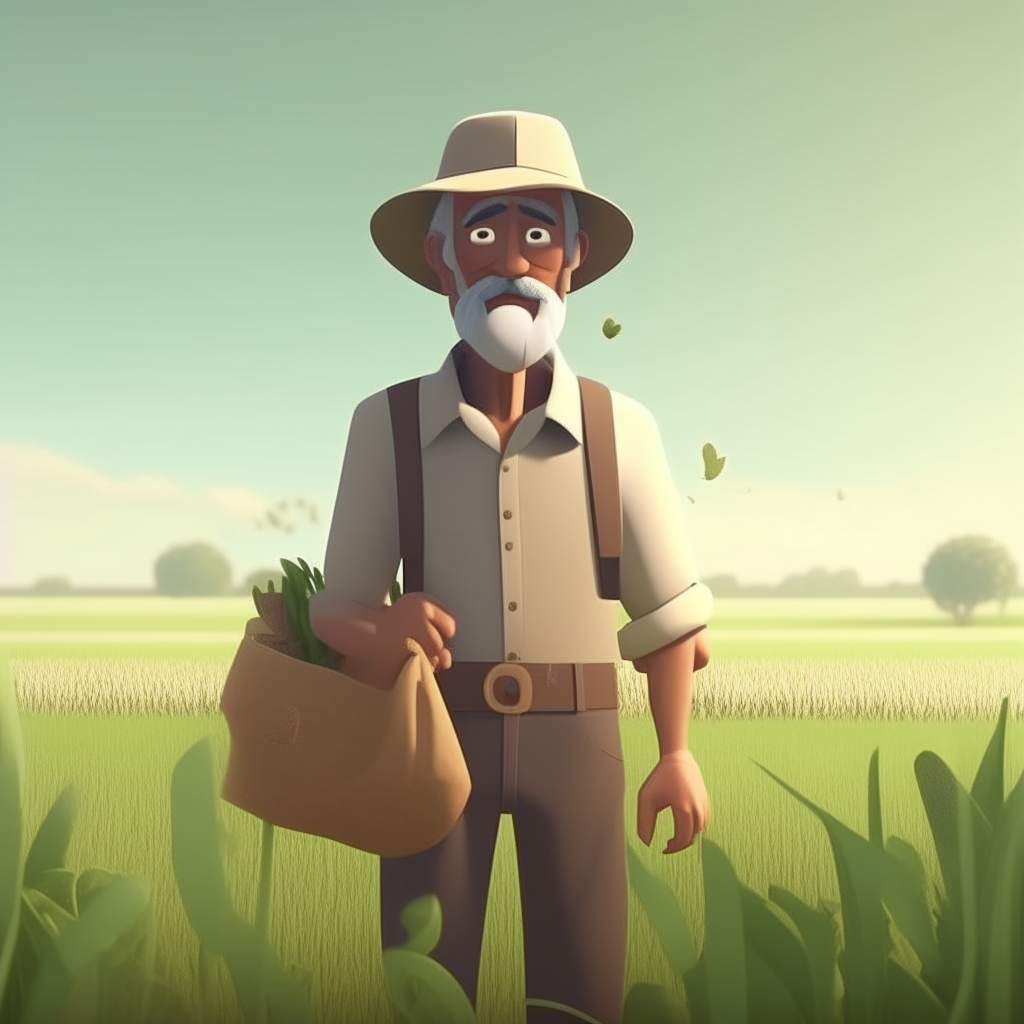 A kind-looking farmer standing in a lush field, holding a bag of seeds. generate in animation