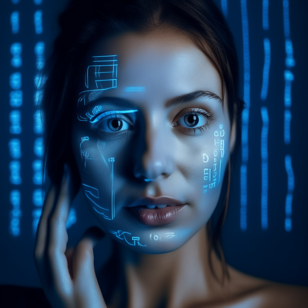 "Neon Reverie"
  Prompt: "Close-up photo of a woman with a beautiful face.  It has glowing blue letters projected onto its face and neck.  A woman's eyes are expressive and reflective.  and was partially obscured by her slightly disheveled black hair.  The glowing text is ".Hello Saturday........" in various scripts.  Including Latin, English and French scattered across her face, neck and upper body.  It makes the image look futuristic and somewhat impersonal.  The overall color scheme is dominated by cool blues.  There is a big difference between  Glowing text and dark background  The lights emphasize the contours of her face.  It emphasizes her characteristics and message.  It creates a mysterious and high-tech atmosphere.”