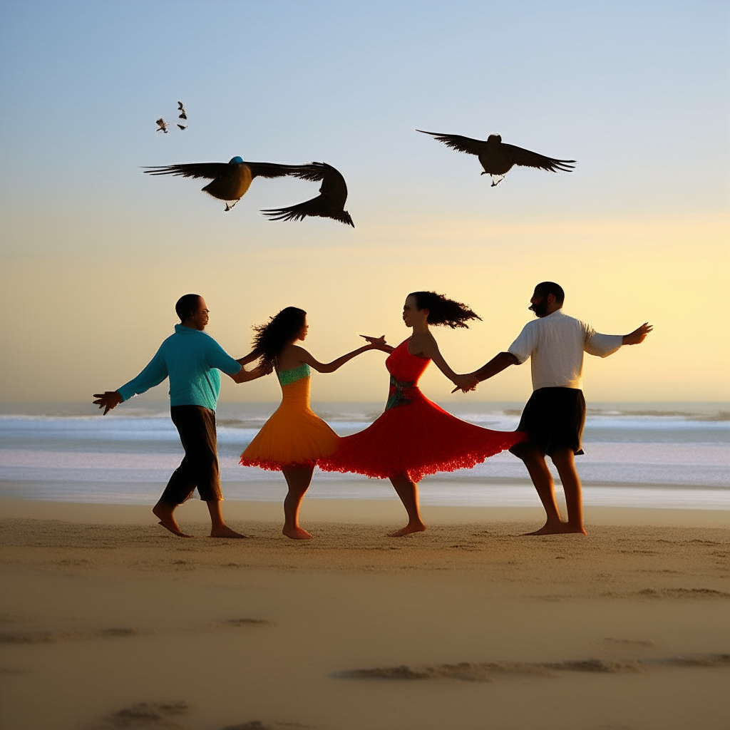 2 couples dancing on a beach pass vivid birds