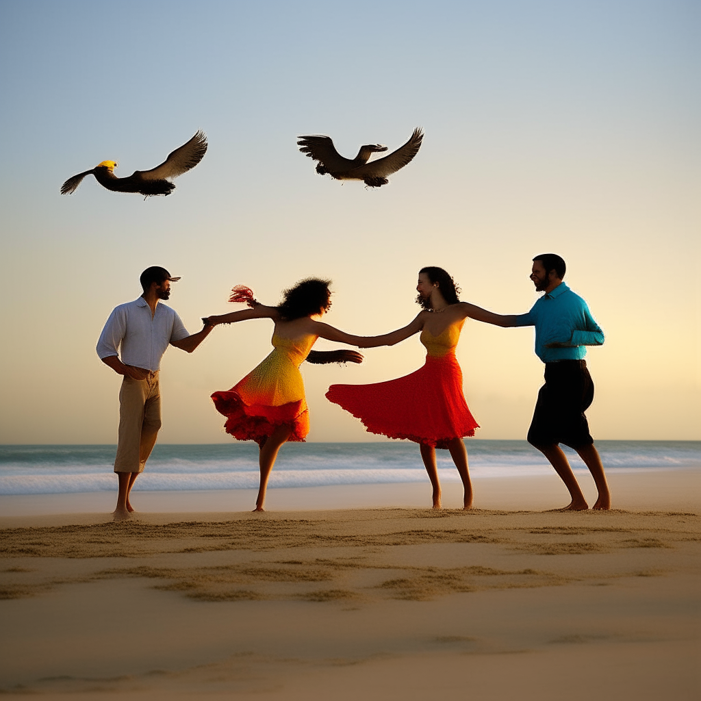 2 couples dancing on a beach pass vivid birds