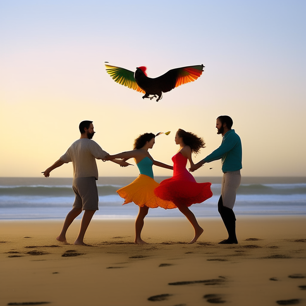 2 couples dancing on a beach pass vivid birds