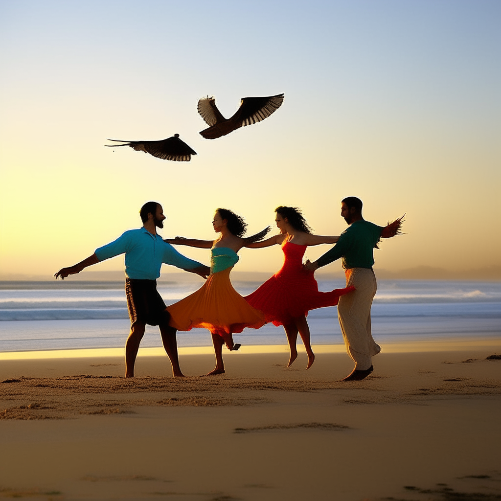 2 couples dancing on a beach pass vivid birds