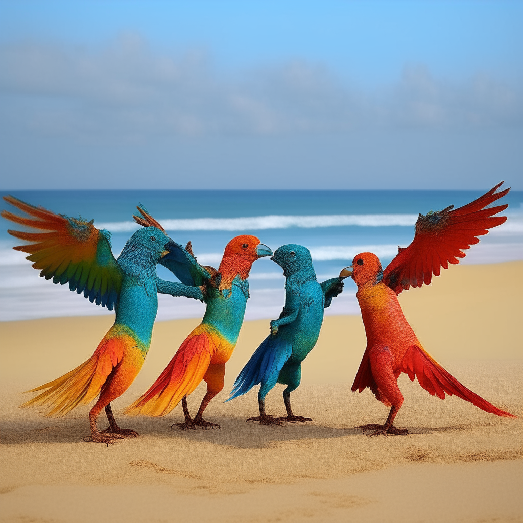 2 couples dancing morph into vivid birds on a beach pass