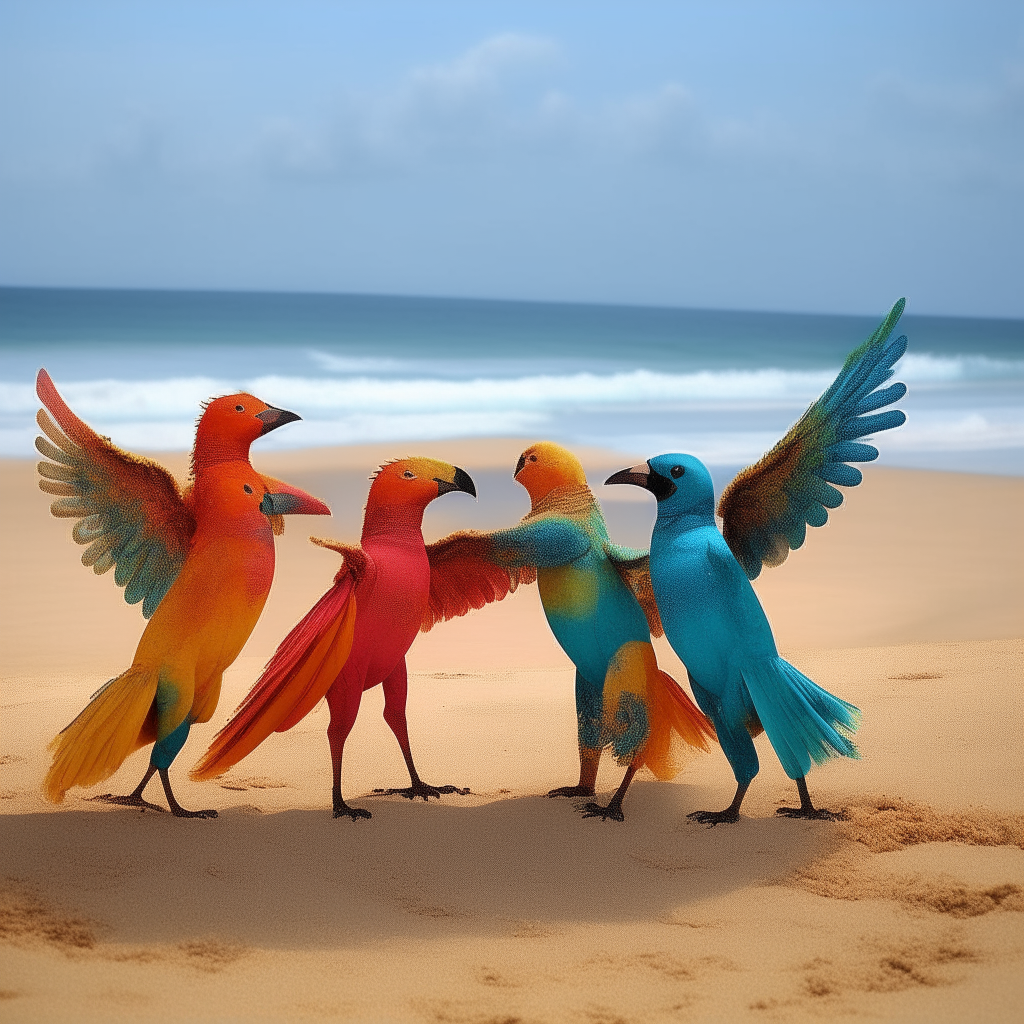 2 couples dancing morph into vivid birds on a beach pass