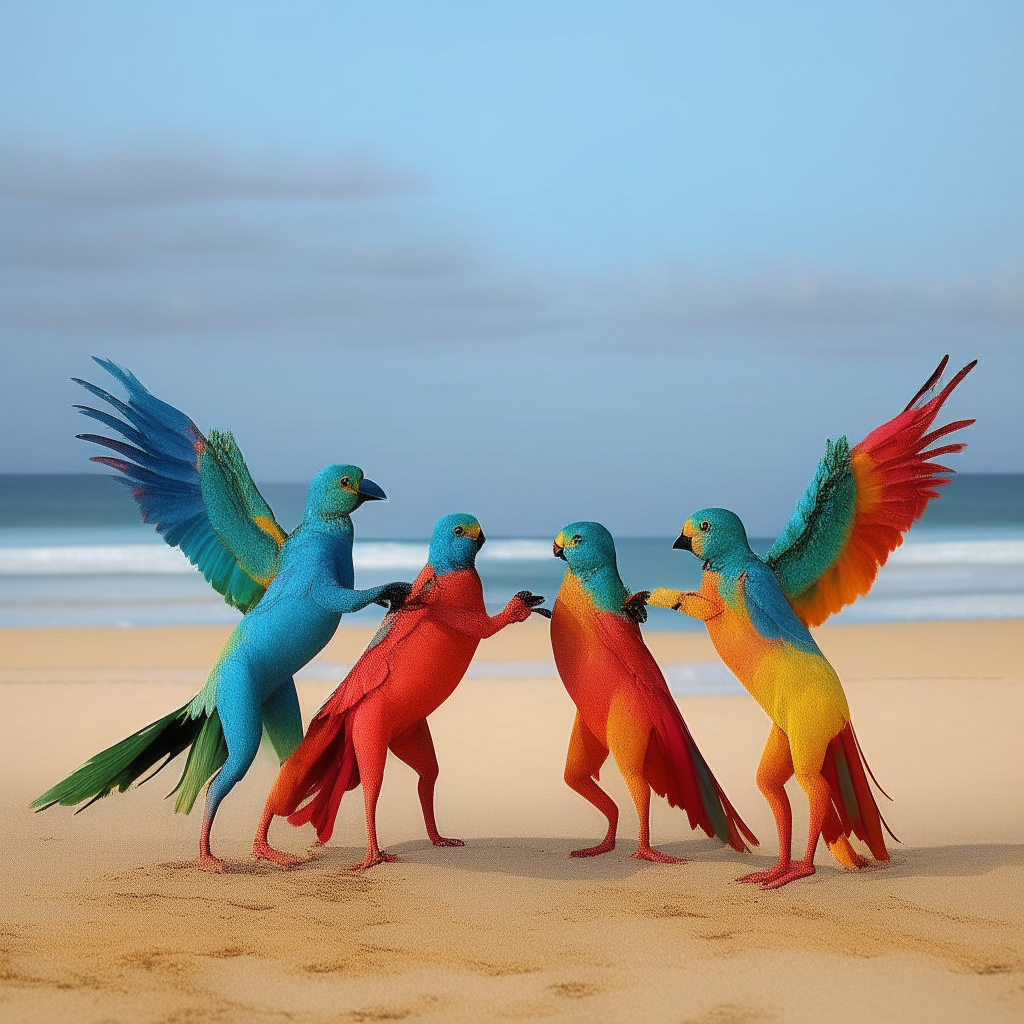 2 couples dancing morph into vivid birds on a beach pass