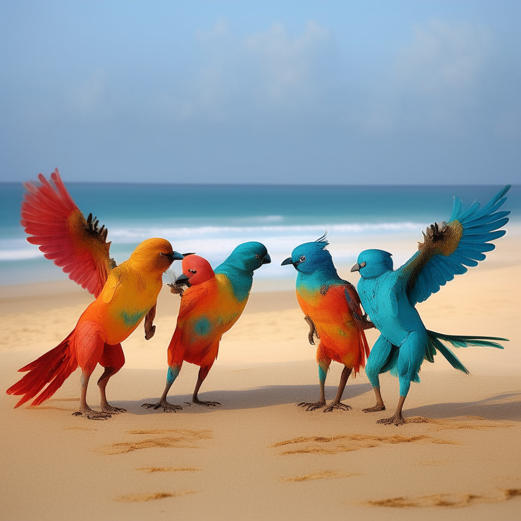 2 couples dancing morph into vivid birds on a beach pass