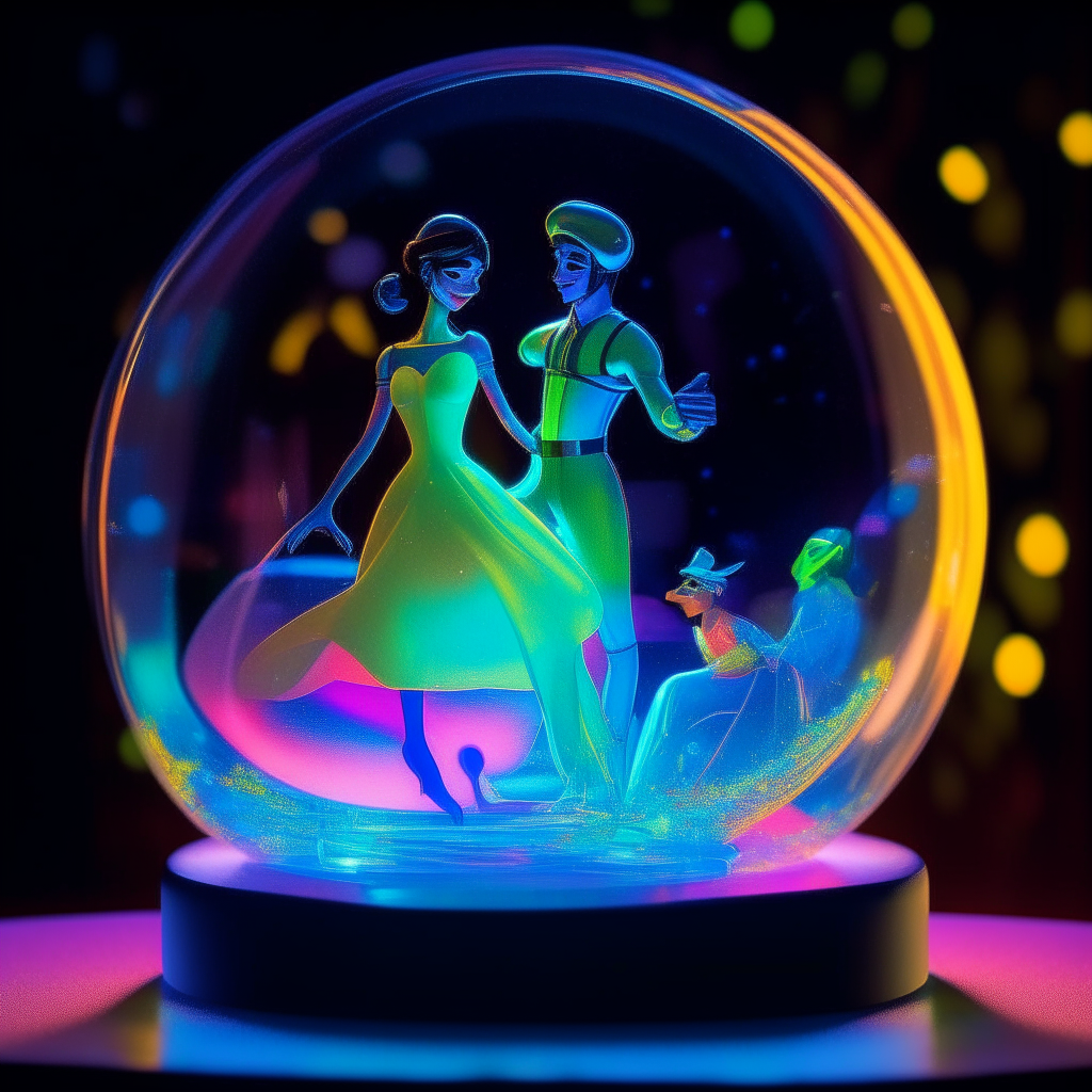 Inside the glass bubble creates a full side view of the  (Disney Pixar Princess and Prince) in a strange way  Dressed in brightly colored fluorescent dresses, dancing in ballet shoes.   A black background with fireflies surrounding her.  Neon light, sharp image