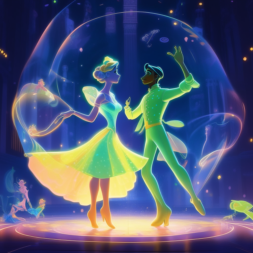 Inside the glass bubble creates a full side view of the  (Disney Pixar Princess and Prince) in a strange way  Dressed in brightly colored fluorescent dresses, dancing in ballet shoes.   A black background with fireflies surrounding her.  Neon light, sharp image