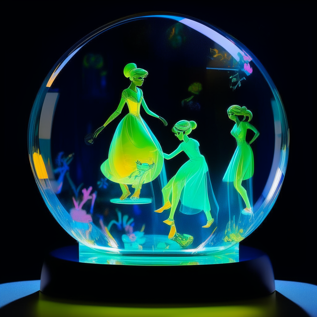 Inside the glass bubble creates a full side view of the  (Disney Pixar Princess and Prince) in a strange way  Dressed in brightly colored fluorescent dresses, dancing in ballet shoes.   A black background with fireflies surrounding her.  Neon light, sharp image